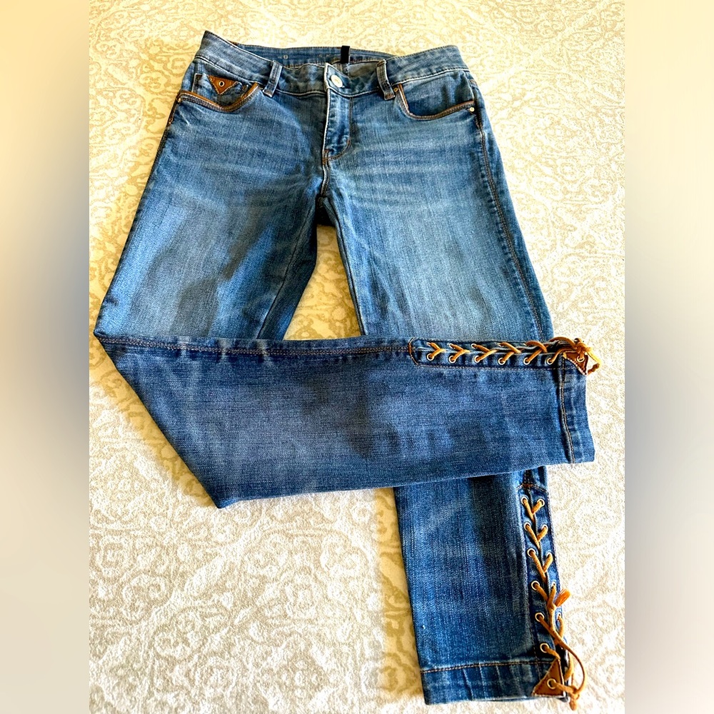 White House Black Market Blue Ankle Jeans with Brown Accents